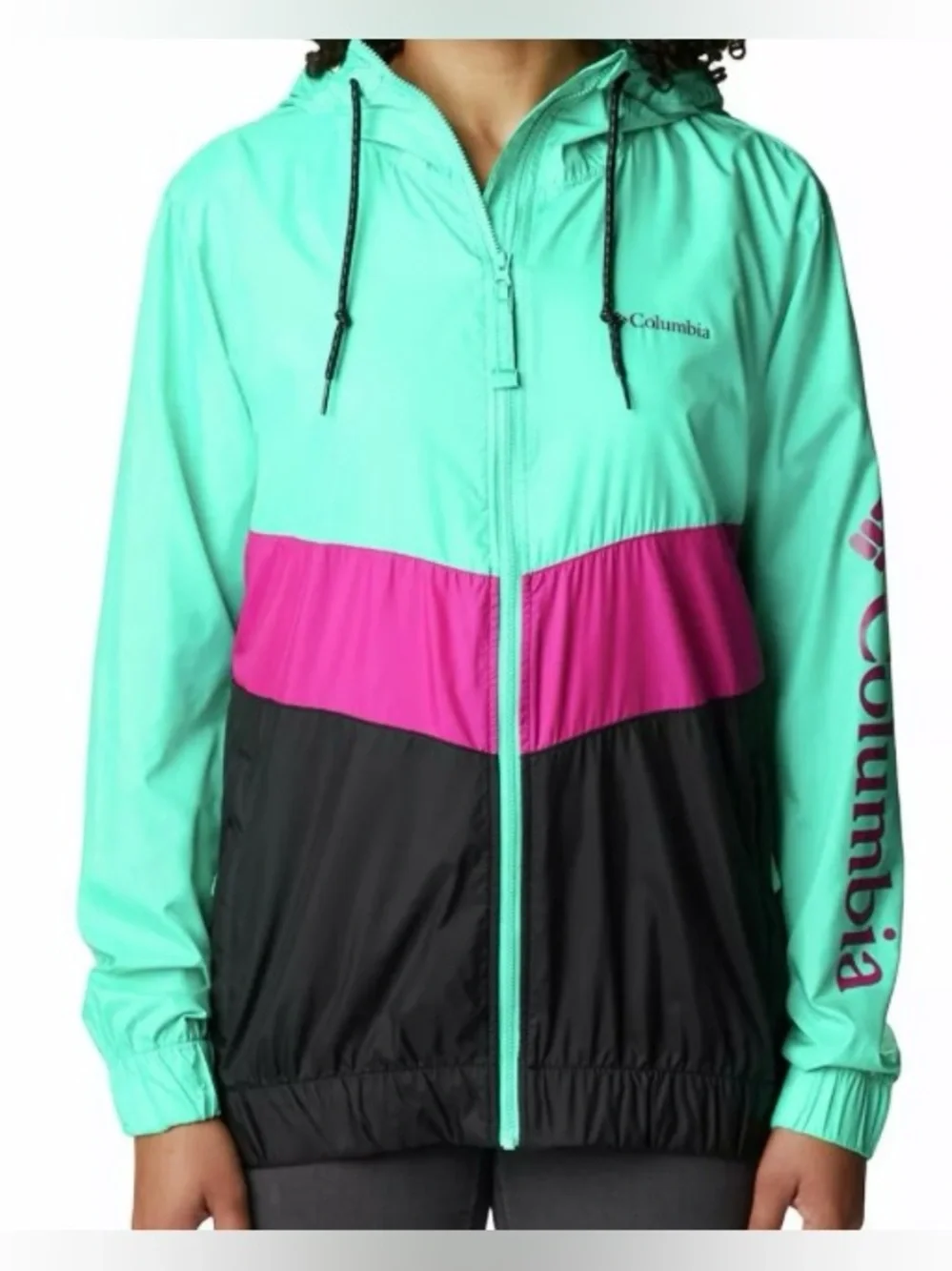 Columbia Green, Magenta & Black Colorblock- Sandy Sail Rain Jacket